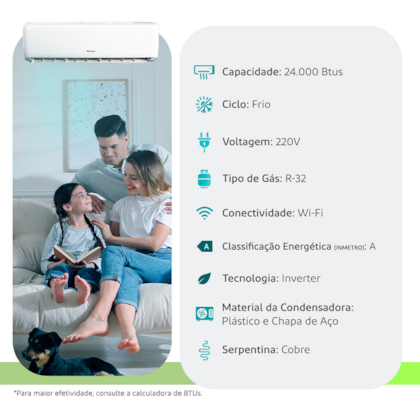 KIT AR CONDICIONADO GREE SPLIT G-TOP AUTO INVERTER WIFI 24.000 BTUS 220V FRIO R32 VT GWC24ATE-D6DNA1AI-GWC24ATE-D6DNA1AO